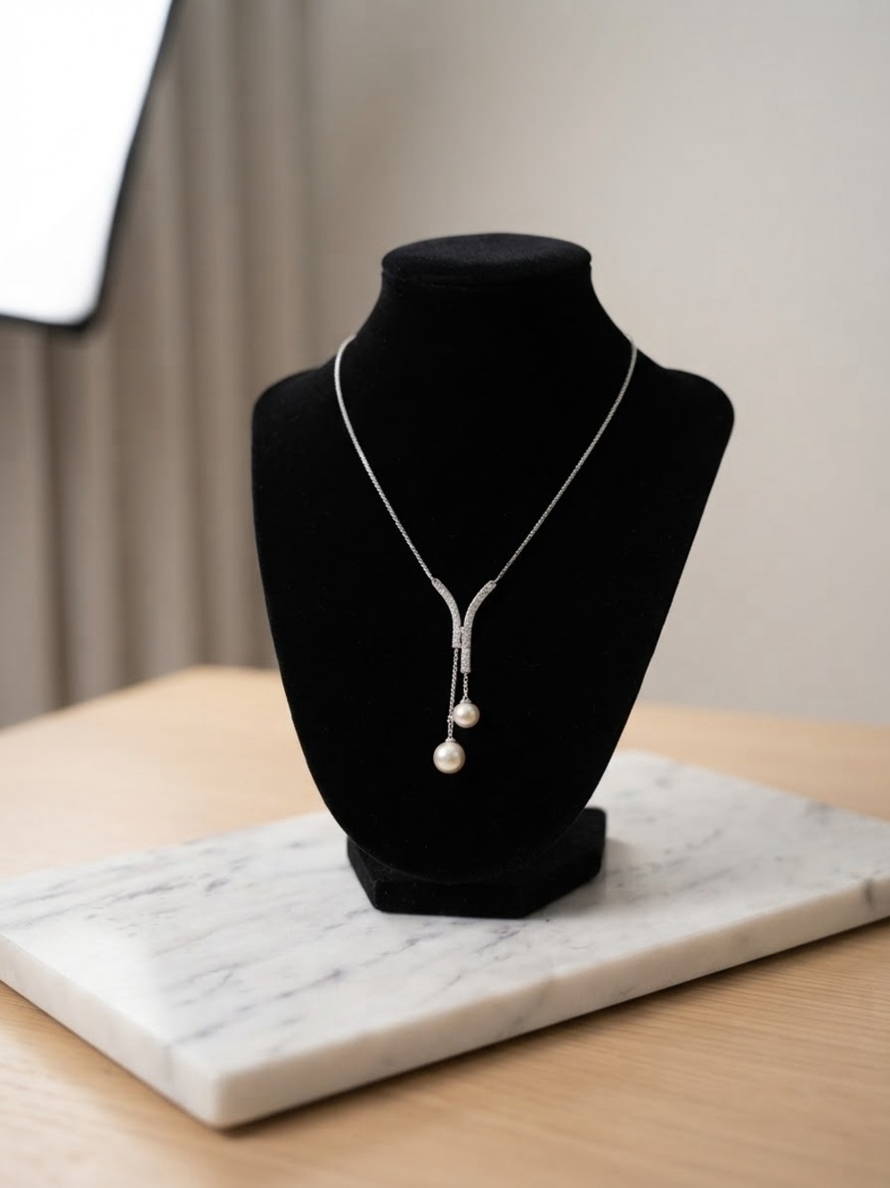 Nina Ricci Silver Pearl Y-Drop Necklace
